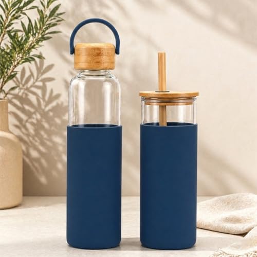 Image of Giftana Personalized Borosilicate Glass Water Bottle 500ml with Glass Sipper Tumbler 450ml, Reusable Leakproof Drinking Bottle with Silicone Sleeve, Eco-Friendly Bottle for Office Gym Travel (Blue)