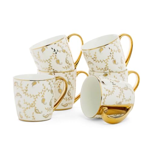 Image of Clay Craft Premium Ceramic Gold Floral Coffee & Tea Mug Set of 6 | Elegant Mugs with Gold Handle for Home, Office & Gifting | Glossy Finish Ceramic Cups | White & Gold