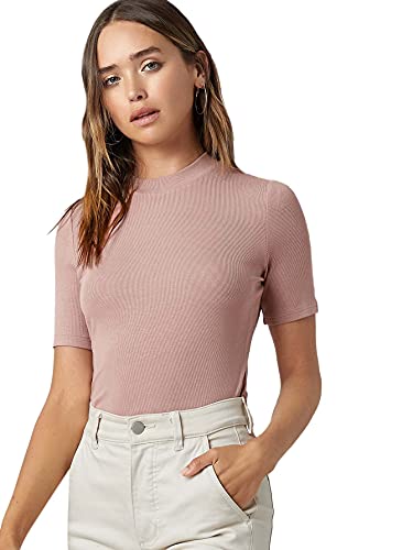 Floerns Women s Basic Mock Neck Short Sleeve Solid Rib Knit Tops Tee Shirts Dusty Pink M