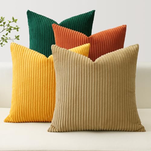 JOTOM Lot de 4 Housse de Coussin en Velours Côtelé Décoratif Canapé Taie d'oreiller Doux Decoration pour Maison Salon Chambre Canapé Décoration 40x40cm (Marron Jaune Orange Vert)