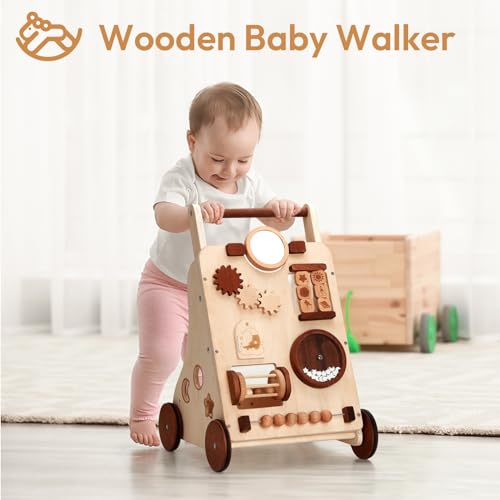 Woodtoe Wooden Baby Walker, Adjustable Push and Pull Learning Activity Center Walker Toy, Natural Wood Sit to Stand Walker for Baby Learning to Walk, Educational Birthday for Toddler Boy Girl 1+ - Thumbnail 2