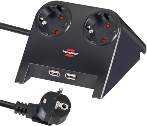 Brennenstuhl Desktop-Power Steckdosenleiste 2-Fach für den Tisch (Tischsteckdose mit 1 8m Kabel Mehrfachsteckdose mit Gummifüßen und 2-Fach USB) schwarz poliert