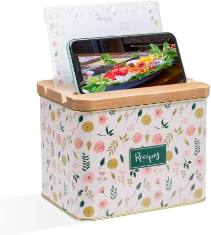 Cabbrix Recipe Box with Cards and Dividers, recipe cards and box set, Wooden Lid with Phone Holder and Card Holder, Decorative Recipe Tin with Gift Box (Pink)