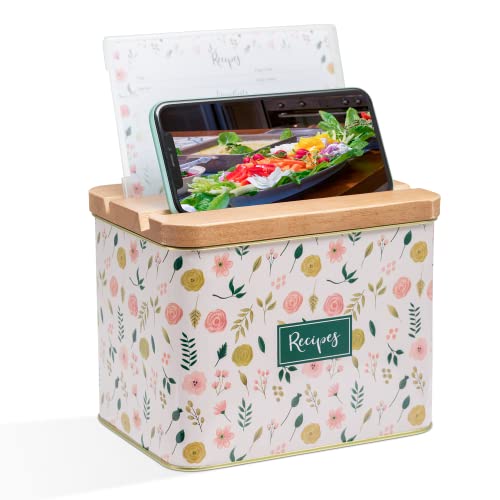 Cabbrix Recipe Box With Cards And Dividers, Recipe Cards And Box Set, Wooden Lid With Phone Holder And Card Holder, Decorative Recipe Tin With Gift Box (Pink) #TOP3