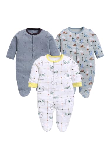 Image of BABY GO Baby Sleepsuit Pack of 3 | 100% Cotton Full Sleeve Footed Romper for Newborn Baby Boys & Girls | Front Open Snap Button Onesie Jumpsuit | Soft Breathable Nightwear