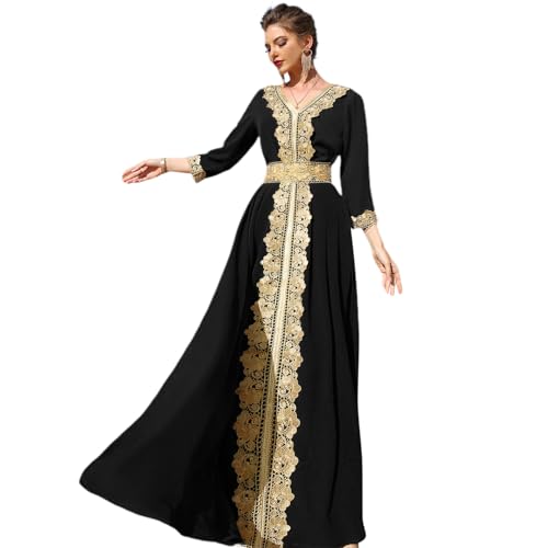 Odizli Femme Arabe Dubaï Musulman Élégante Manches Longues Col en V Fleurs Dentelle Broderie Strass Longue Robe de Soirée, Noir , S