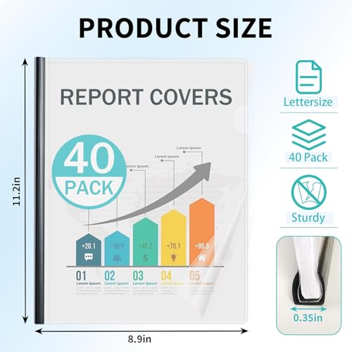 Binditek 40 Pack Clear Report Covers with Black Sliding Bars, 70 Sheet Capacity, 9mm Binding Bars, Letter Size, 5.5 Mil Thick, Black, for Students and Coworkers