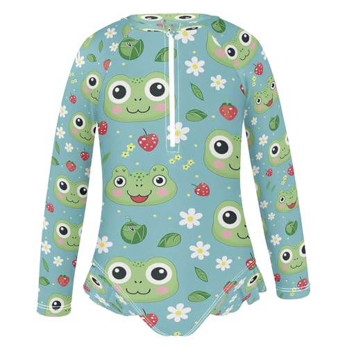 Cute Frog Face Strawberry Girls Long Sleeve Swimsuits One Piece Zipper Bathing Suit UPF 50+ Rashguard Swimwear2