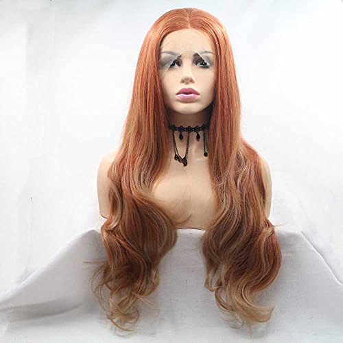 melody wig Highlight Copper Red Synthetic Lace Front Wigs with Brown Tips Long Wavy Red Orange Lace Front Wig Hair