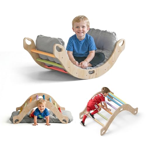 COSYLAND Montessori Kletterbogen aus Holz mit Kissen, Baby Kletterbogen ab 1 Jahr, Holzwippe Indoor zum Wippen, Klettern und Krabbeln, Bogenwippe Regenbogen