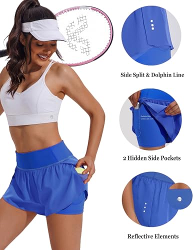 Pinspark Women Side Pocket High-Rise Lined Running Short With Split Dolphin Line Athletic Workout Yoga Shorts Royal Blue L thumb #4