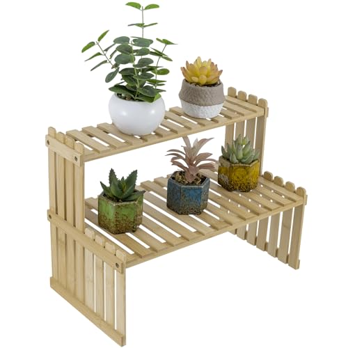 MyGift Natural Bamboo Indoor Plant Stand for Desk, 2 Tier Desktop Shelf Organizer Rack with 2 Slatted Shelves