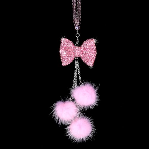 Pink Bling Car Mirror Hanging Accessories for Women - Girly Rhinestone Bowknot With Pink Beads and Plush Ball Rearview Decor Ornament Pendant - Christmas Gifts
