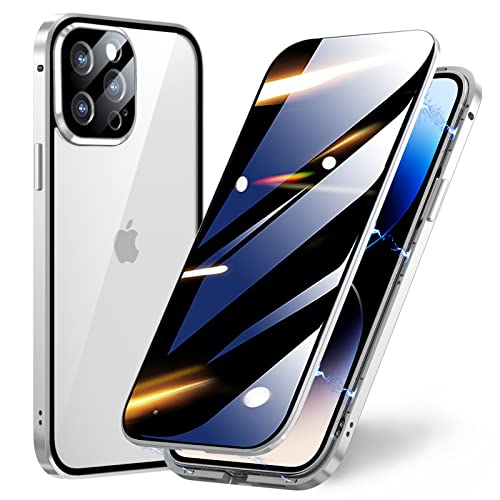 TOPF&B Case for iPhone 14 Pro Max Privacy Magnetic Cover,Privacy Screen Protector Built-in Tempered Glass and Camera Protector,360 Degree Metal Bumper Case for iPhone 14 Pro Max,Silver