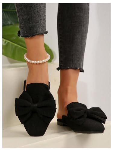 OYOANGLE Women's Square Closed Toe Mules Bow Slip on Backless Flats Work Business Casual Shoes3