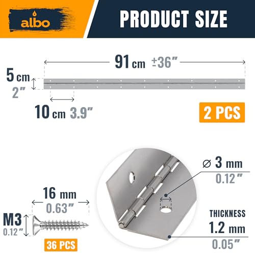 ALBO 36 Inch Silver Heavy Duty Piano Hinge Continuous Stainless Steel 304 (2-Pack), Surface Mount Cabinet Hinges Silver 36"x2" for Piano Lid, Commercial Display & Industrial Cabinet, Professional by Albo - Image 2
