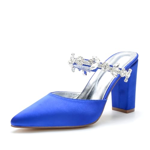 HFWXYSA Mujer Slingback Punta Abierta Sandalias De Novia Gruesas Tacón Strass Correa Tacón Sandalias De Boda De Vestido De Fiesta,Azul,41 EU