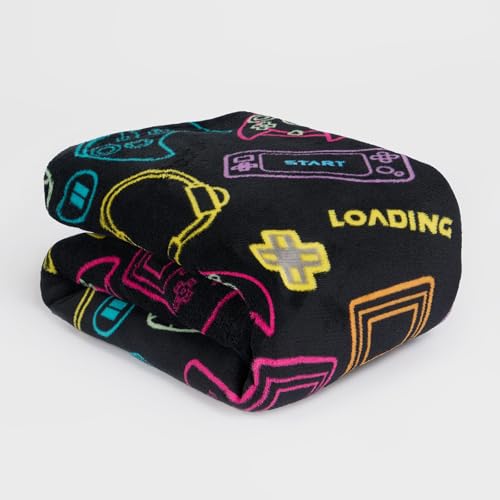 OHS Gaming Fleece Blanket Throw, Ultra Soft Winter Warm Kids Fleece Blanket Throws for Sofa Beds for Boys Girls Throw Sherpa Reverse Blankets - Black, 120 x 100cm