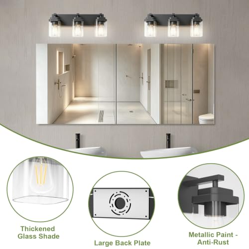 Image of Black Bathroom Light Fixtures, 3 Lights Bathroom Lighting Fixtures Over Mirror, Square Design & Rectangle Large Backplate, Modern Vanity Lighting Fixtures, for Bathroom /Living Room /Bedroom