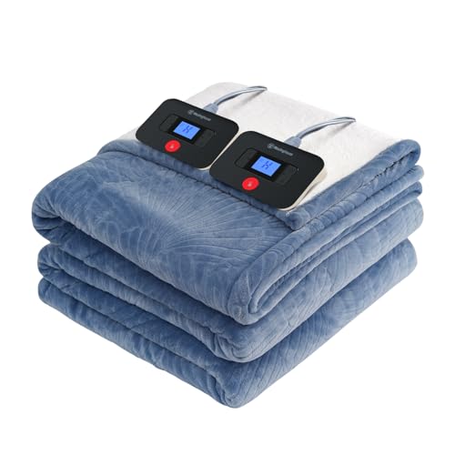 Westinghouse Electric Blanket King Flower Jacquard Heated Blanket King Size with 10 Heating Levels and 1-12 Hours Auto-Off Flannel to Sherpa Reversible Machine Washable (90 x 100 Blue)