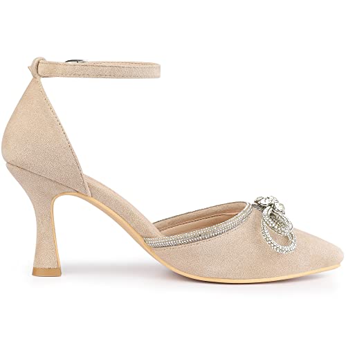 Allegra K Women's Rhinestones Bow Wedding Shoes Stiletto Heel Beige Sandals Pumps 7.5 M Us #TOP6