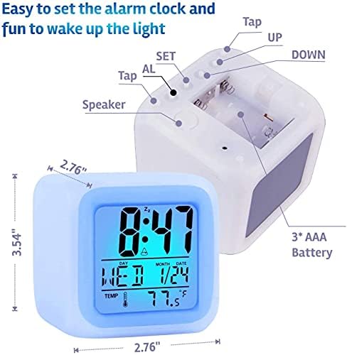 Kids Digital Alarm Clock, 7 Color Night Light, Snooze, Temperature Detect for Toddler, Children Boys and Girls, Students to Wake up at Bedroom, Bedside, Batteries Operated