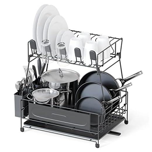 2 in 1 Kitchen Dish Drying Rack, 2-Tier Dish Rack for Kitchen Counter with Drainboard, Stainless Steel Large Capacity Dishrack, Multifunctional Rustproof Dish Drainer, Black