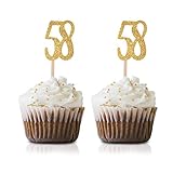 Gold Happy 58th Birthday Cupcake Topper, 24-Pack Number 58 Glitter Birthday Party Cupcake Toppers,...
