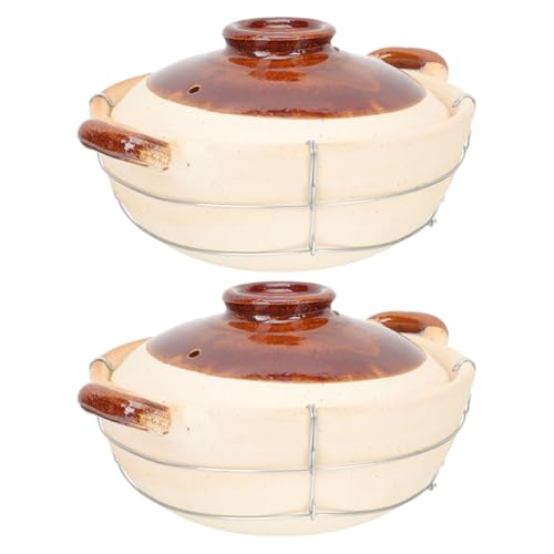 Healvian Cazuelas de Barro Beige para Cocina Casera, Distribución Uniforme de Calor, Preparación Individual, con Asa, Pack de 2 Unidades para Guisos y Sopas