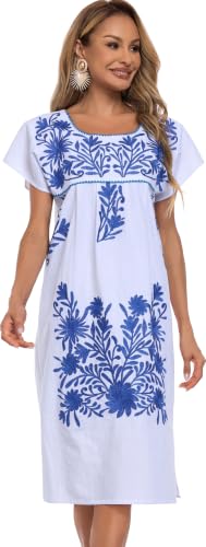 Image of YZXDORWJ Women Mexican Embroidered Long Dress Ruffle Collar Maxi Boho Floral Summer Short Sleeve