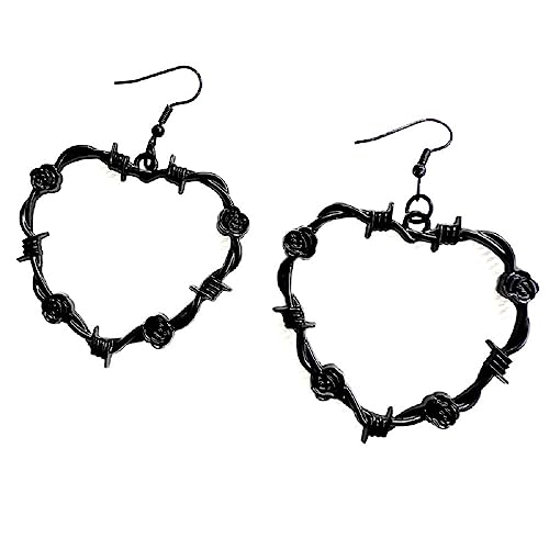 Gothic Barbed Wire Love Heart Drop Dangle Earrings Chunky Big Flower Hoop Metal Thorns for Women Girls Goth Punk Large Hip Hop Party Jewelry