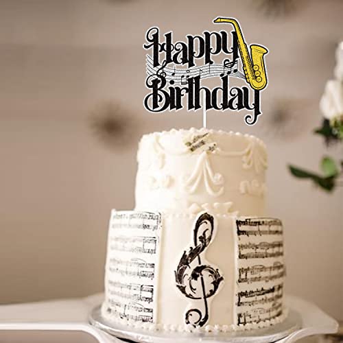 Saxophone Happy Birthday Cake Topper Black Gold Glitter Saxophone Musical Music Notes Cake Decorations Music Lovers Band Themed Birthday Party Supplies For Musician #TOP3