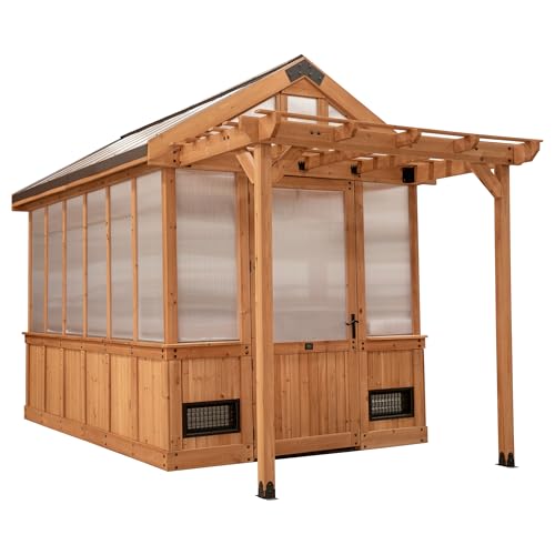 Image of Backyard Discovery Bellerose 11' x 7' Cedar Wood and Polycarbonate Walk-In Greenhouse Kit with Pergola, Exhaust Fan, Windows, Hose Hook-Ups, PowerPort, Staging Shelves for Year-Round Outdoor Gardening
