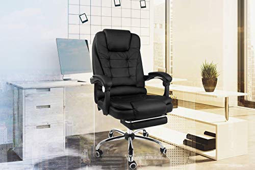 Halter Reclining Leather Office Chair, Modern Executive Adjustable Rolling Swivel Chair, Gaming Chair with Headrest and Retractable Footrest, Black