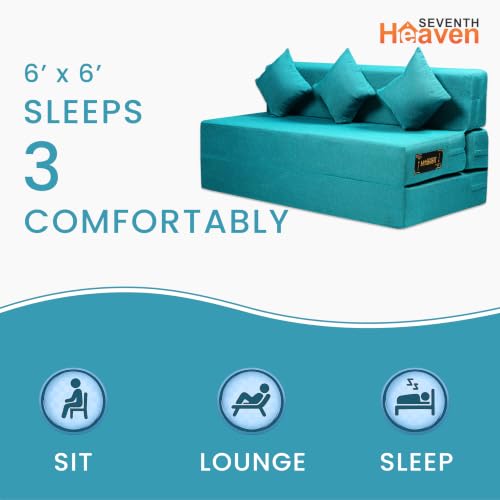 Image of Seventh Heaven Rejioce 4 Seater 6 * 6 Jute Fabric Washable Cover Sofa Cum Bed with 3 Cushions 4 Seater Double Foam Fold Out Sofa Cum Bed (Finish Color - Blue Delivery Condition - Pre-Assembled)