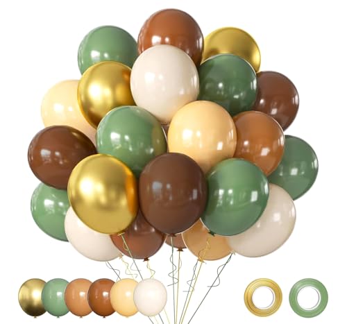 Image of Green and Brown Balloons Set, 60 Pcs 12 Inch green brown balloons Jungle Safari Woodland Forest Balloon Metallic Gold Cream Brown Olive Green Coffee Blush Balloon for Baby Shower Birthday Decorations