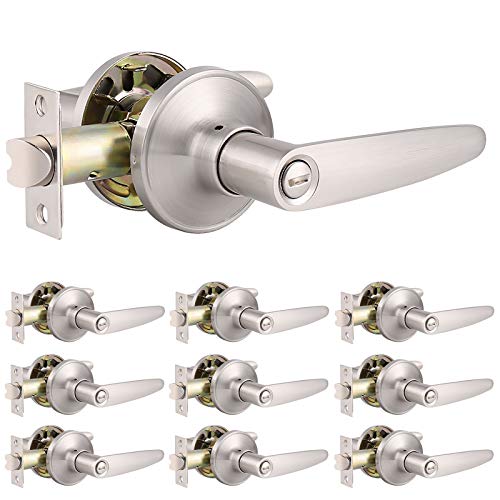 Knobonly Privacy Straight Door Levers Interior-For Bedroom Or Bathroom-Brushed Nickel Finish-Keyless Leverset-10 Pack #TOP3