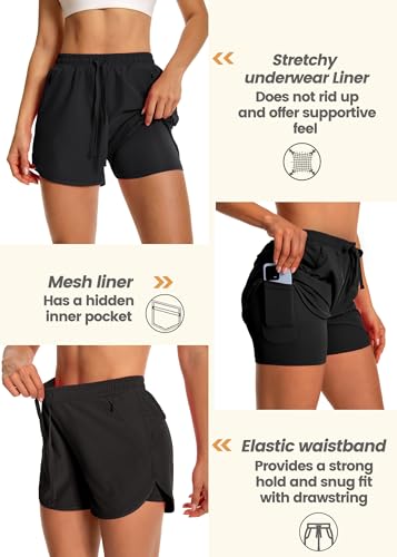 Womens Running Athletic Shorts - 2 in 1 Shorts High Waisted Workout Gym Casual Shorts Mesh Liner Zipper Pockets4