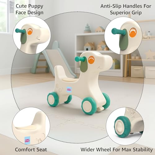 Image of Amazon Brand - Jam & Honey Baby Puppy Push On Ride On for Kids | Backrest | Easy Grip | Four Wheel | Durable and Safe | Non-Toxic | Portable | Lightweight | Animal Theme | 1-4 Years Old | Green