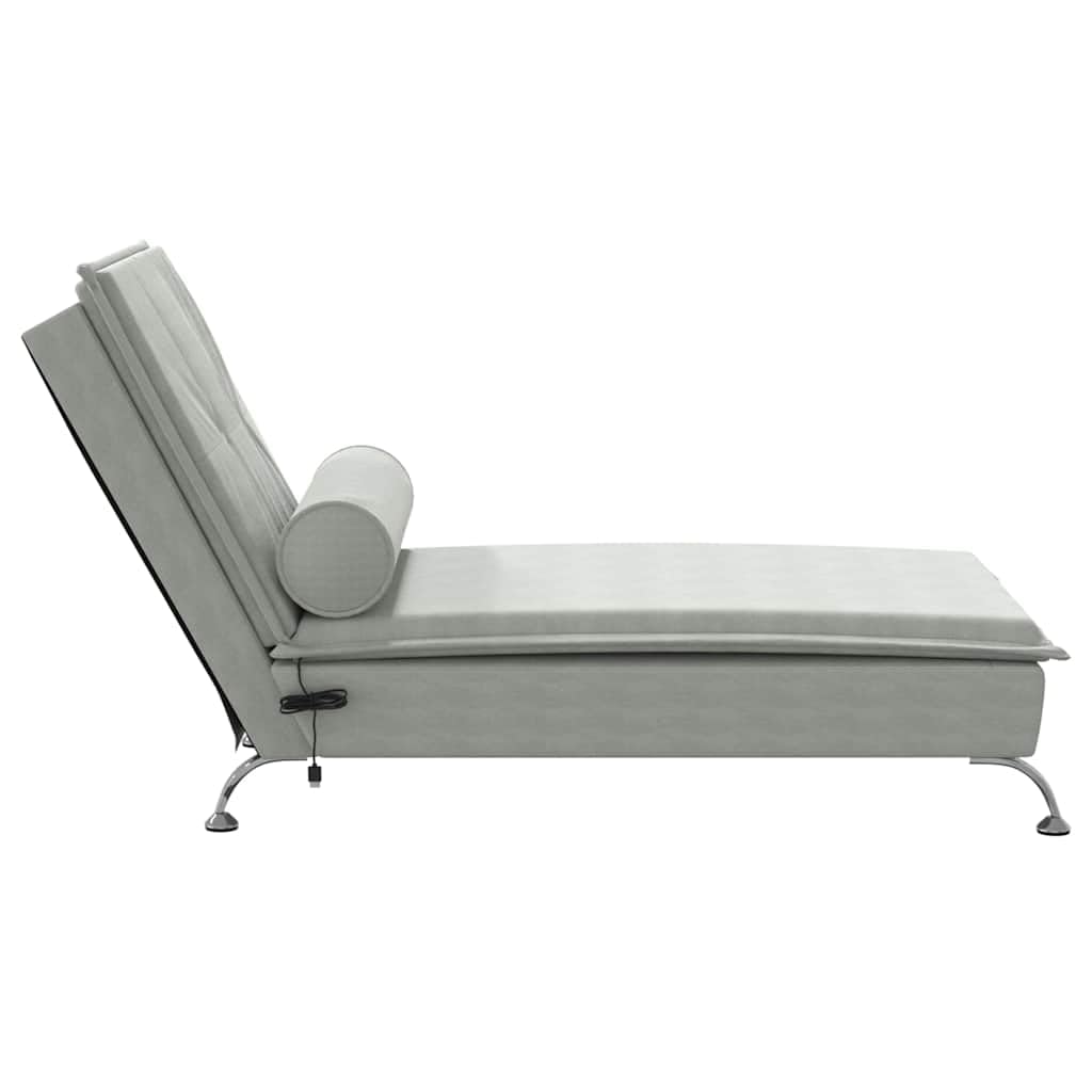 Masażer szezlong z rolką pod kark, jasnoszary, aksamitny, 136,5 x 56 x 75 cm, funkcja masażu USB, listwy ze sklejki, chromowane metalowe nogi do salonu i sypialni relaks