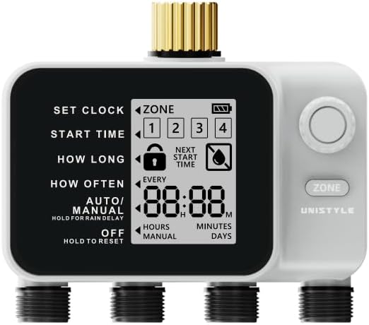 [All-New 2027] 4 Zone Sprinkler Timer with Brass Inlet, Unistyle 4 Outlet Programmable Water Timer for Garden Hose with Rain Delay, Manual Watering Automatic Irrigation Hose Timers for Yard Lawn Patio