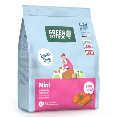 Green Petfood InsectDog Mini mit Insekten (1 x 900 g) | Adult Mini | Premium Trockenfutter für ausgewachsene kleine Hunde | Süßkartoffel & Erbse | getreidefrei | extrakleine Kroketten | 1er Pack