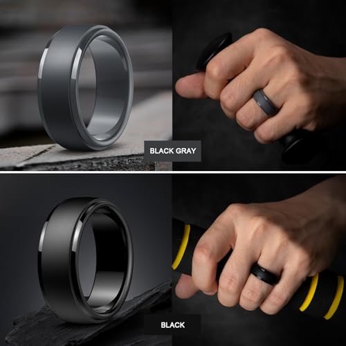 Image of Egnaro Men's Silicone Wedding Rings: Classic Black Step Edge Rubber band 10mm Wide 2.5mm Thick- Hypoallergenic for Gym /Outdoor /Gift(1 /4 /7 Variety Pack with Half Size)
