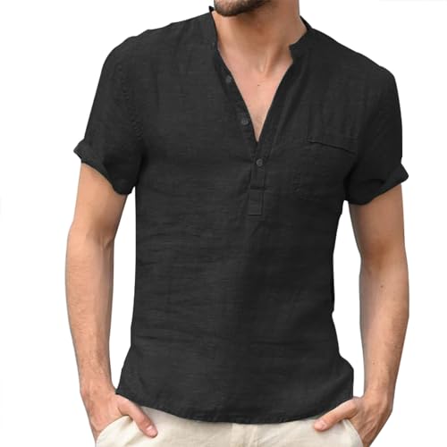 Cotton Linen Henley Shirts for Men Vneck Short Sleeve Tops Thin Lightweight Breathable Beach Vacation Tee with Pocket