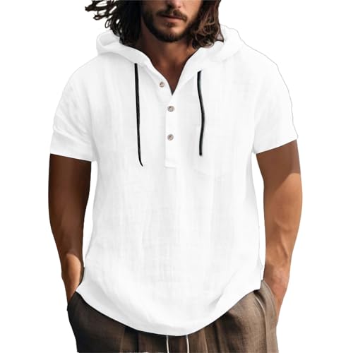 Camisas con capucha para hombre, talla grande, camisa de algodón y lino, camisas de manga corta para hombre, camisetas de playa, camisetas largas con cuello en V, camisetas de negocios, camisetas