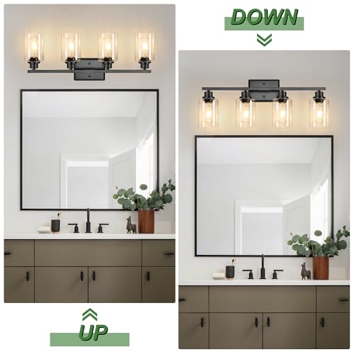 Image of Ascher Bathroom Light Fixtures, 4-Light Vanity Lights with Clear Glass Shade, Modern Black Finish Wall Light for Mirror Bedroom Hallway Cabinet Porch
