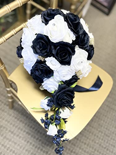 Angel Isabella Build Your Wedding Package-Artificial Flower Bouquet Corsage Boutonniere Rose Calla Lily Navy Gold Wedding Theme (Cascade Bouquet) #TOP1