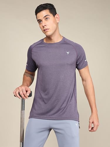 Image of TECHNOSPORT Men's Melange Slim Fit Round Neck T-Shirt Double Cool Raglan Sleeve Slip On Polyester for Gym Running Workout UPF50+ Anti Odour