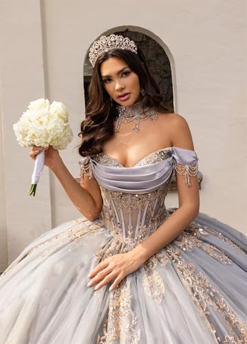 Gold Appliques Quinceanera Dresses with Tassel Puffy Off Shoulder Ball Gown Tulle 15 Dress Beaded Sweet 16 Dresses3