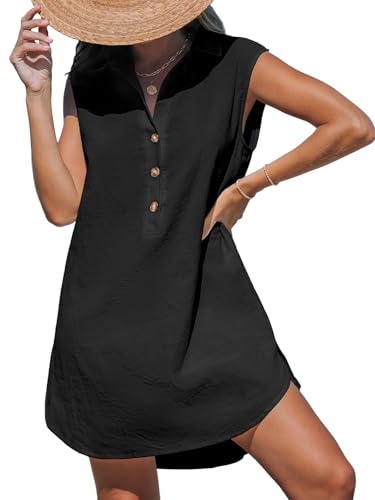 CUPSHE Womens Sleeveless Swimsuit Coverup Cotton Collared V Neck Beach Cover Ups Summer Mini Dress